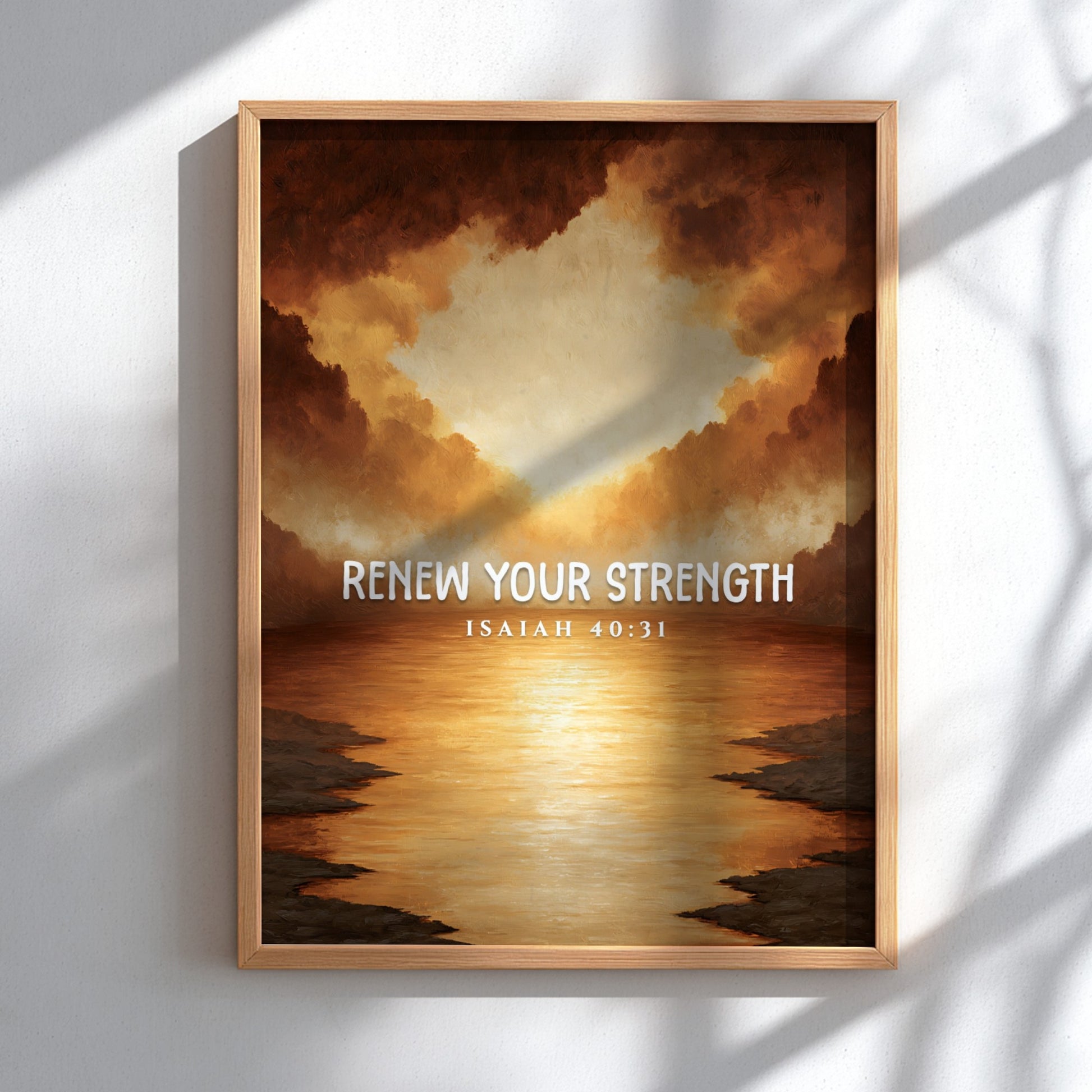 Renew Your Strength poster featuring a sunset with warm colors and inspirational text, perfect for wall decor.