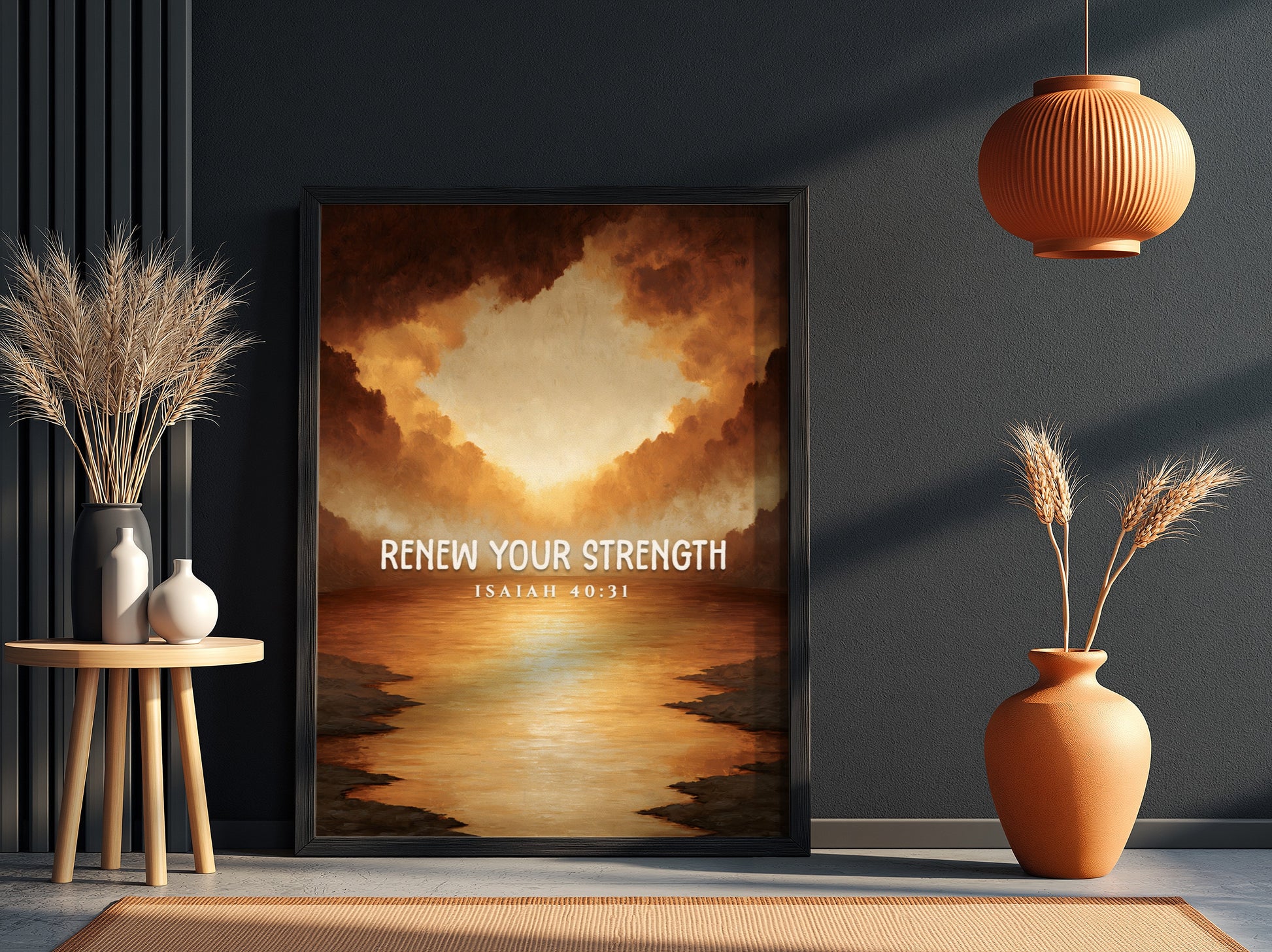 Renew Your Strength poster featuring a sunset with warm colors and inspirational text, perfect for wall decor.