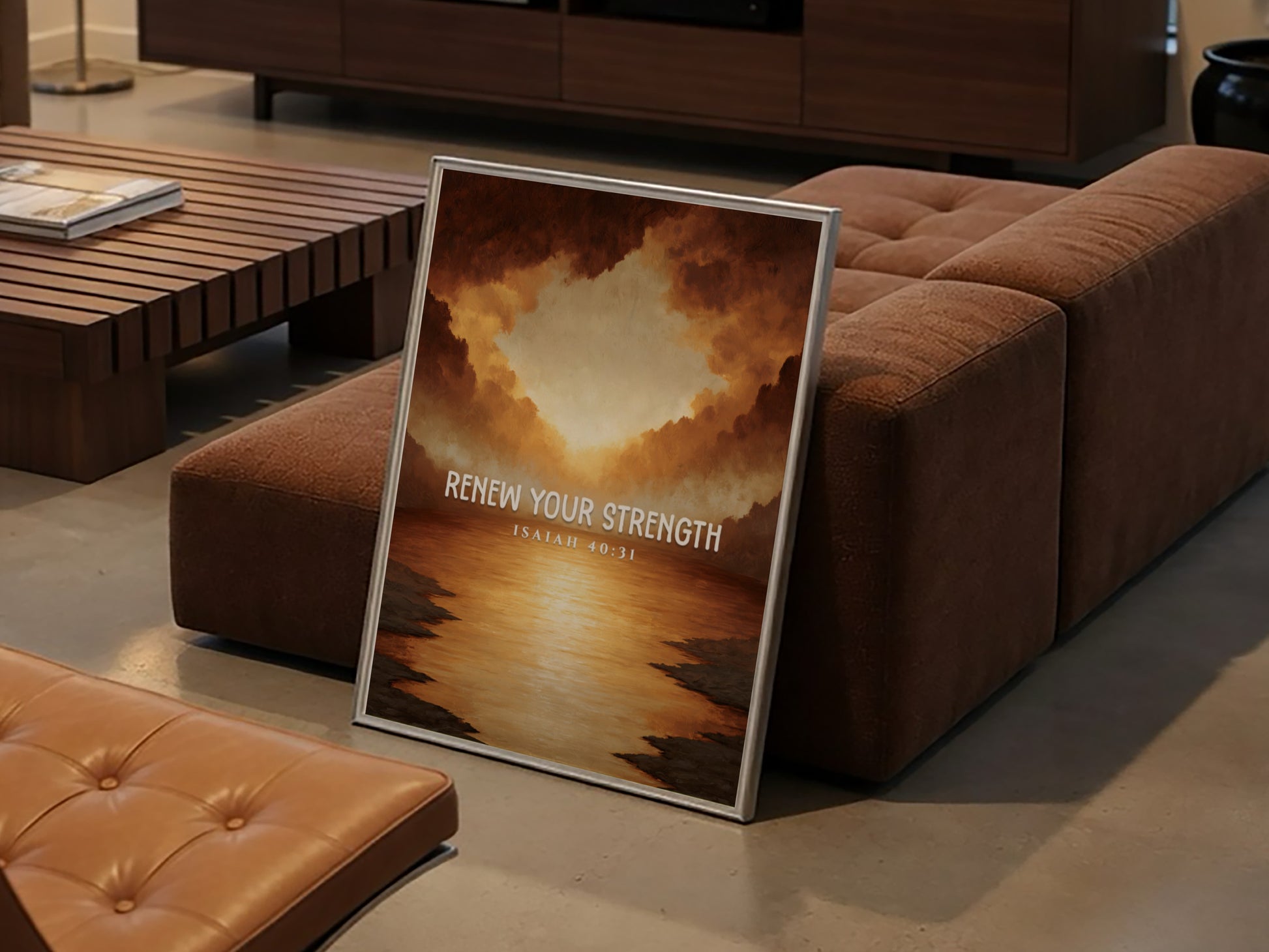 Renew Your Strength poster featuring a sunset with warm colors and inspirational text, perfect for wall decor.