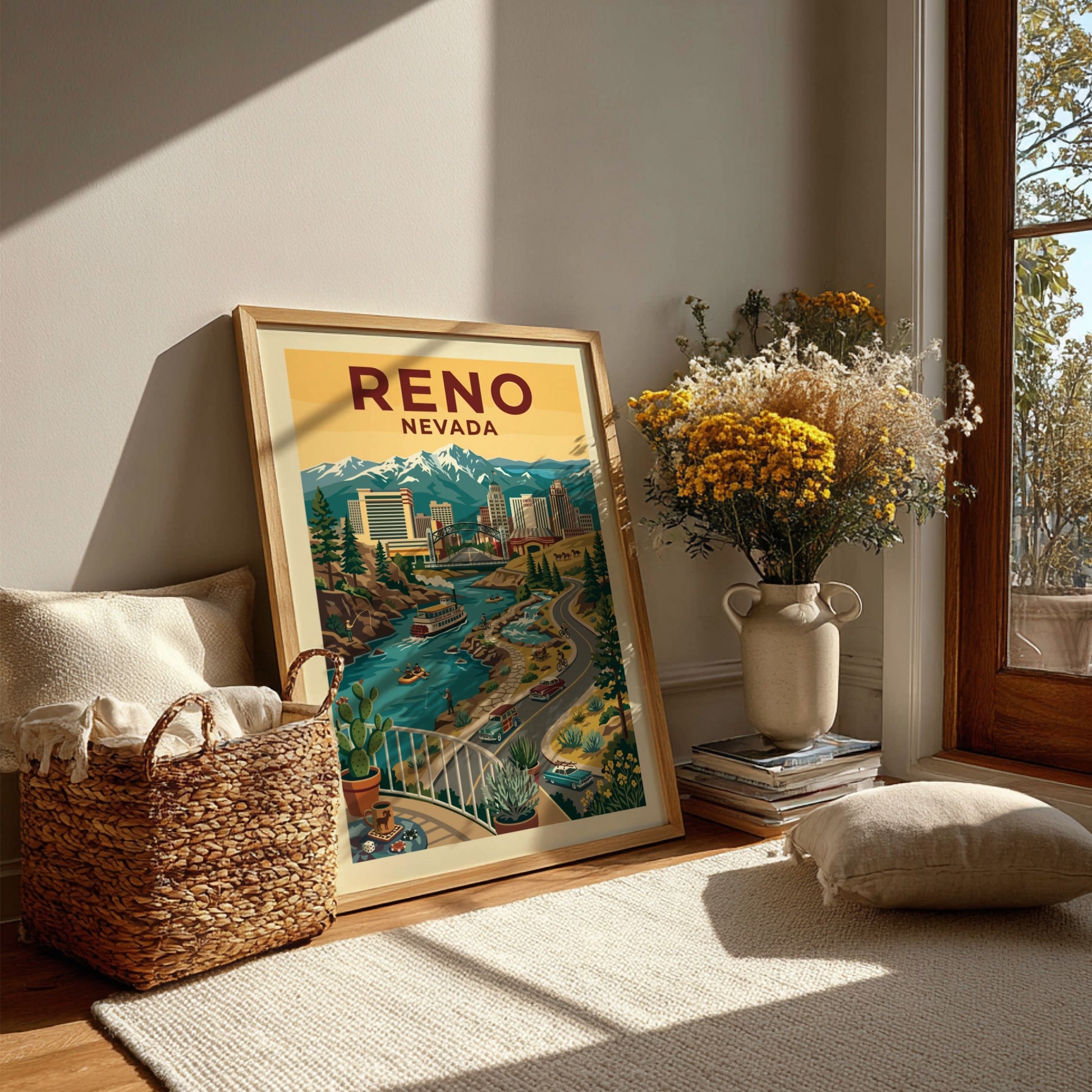 Retro Reno Nevada cityscape poster with mountains, river, and vintage cars. Warm color palette.