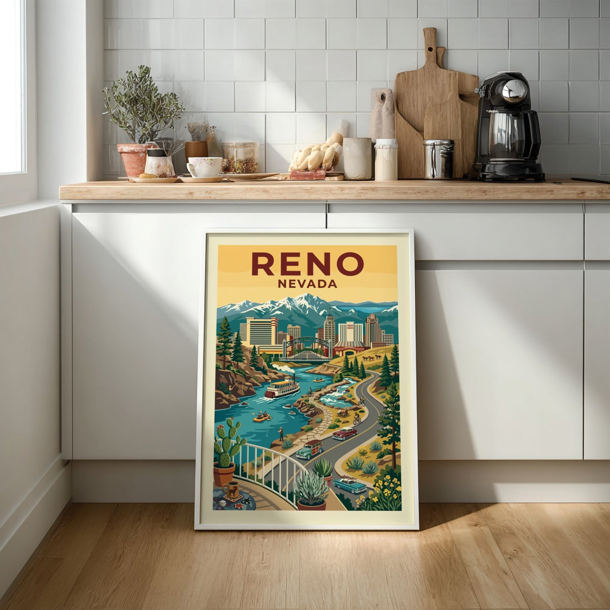Retro Reno Nevada cityscape poster with mountains, river, and vintage cars. Warm color palette.