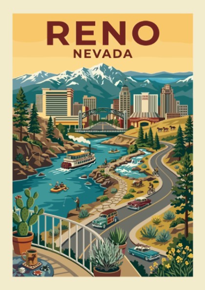 Retro Reno Nevada cityscape poster with mountains, river, and vintage cars. Warm color palette.