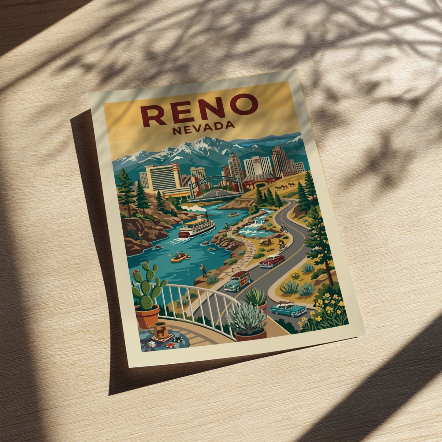 Retro Reno Nevada cityscape poster with mountains, river, and vintage cars. Warm color palette.