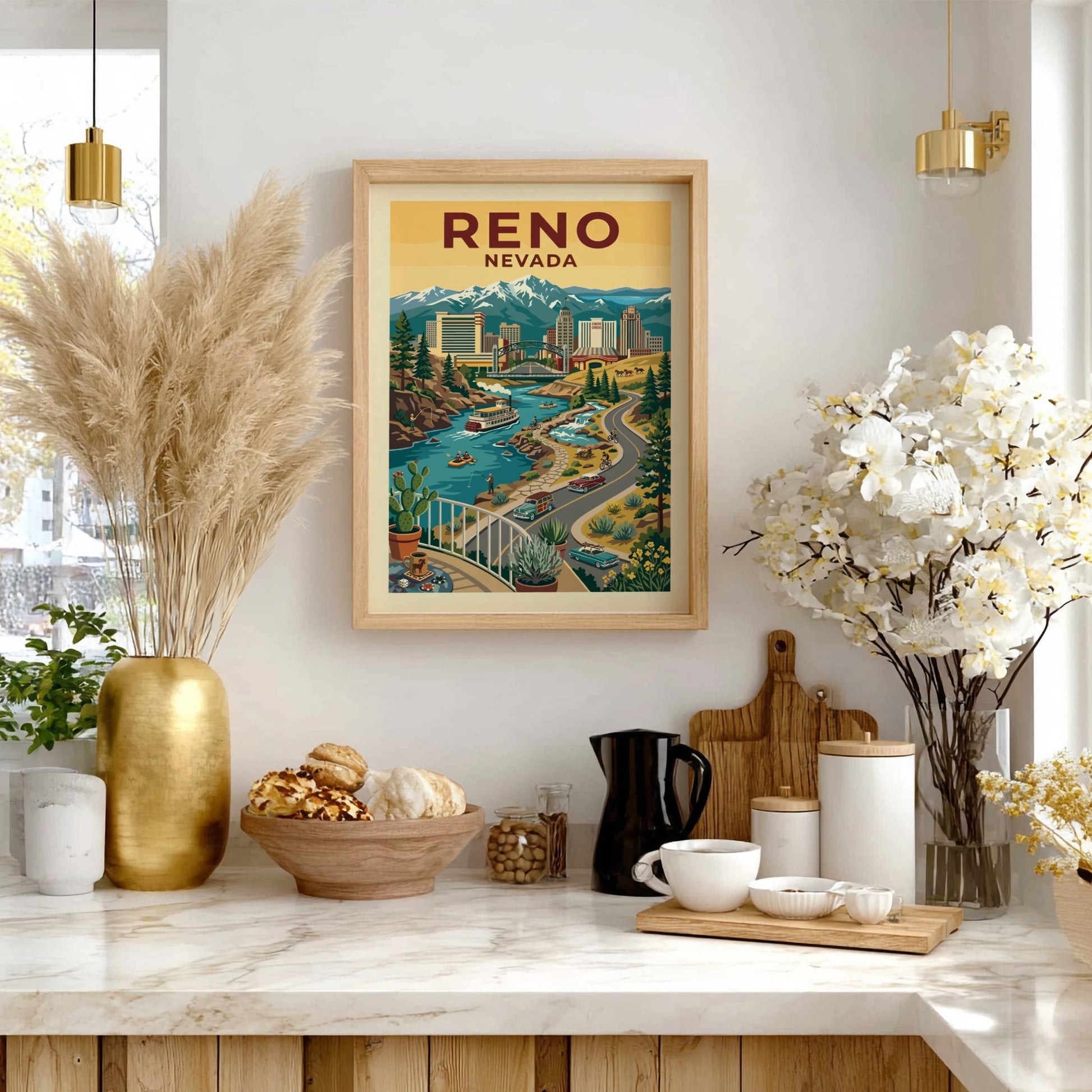 Retro Reno Nevada cityscape poster with mountains, river, and vintage cars. Warm color palette.