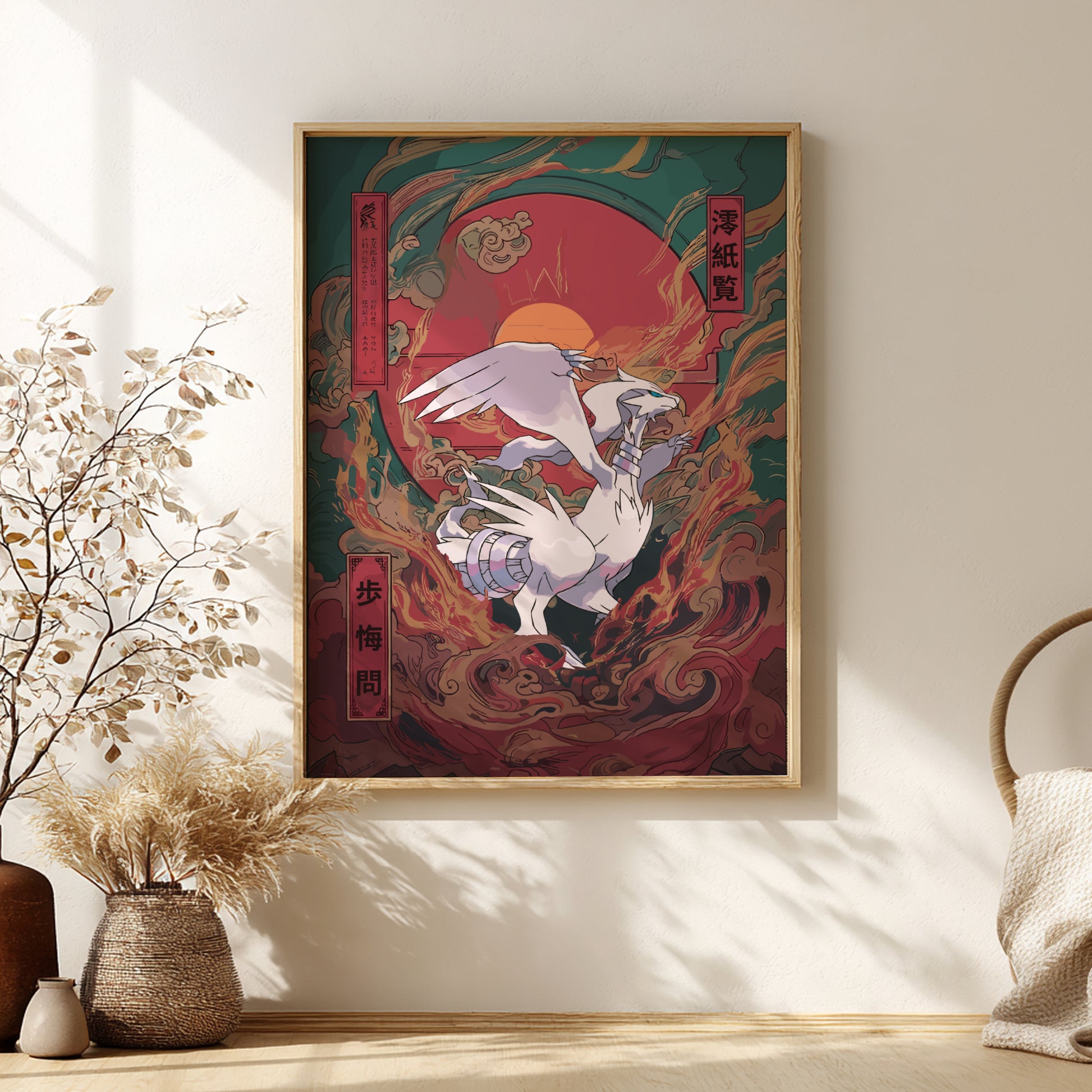 Framed artwork with a Reshiram Pokemon design on a wall in a room with decorative elements.