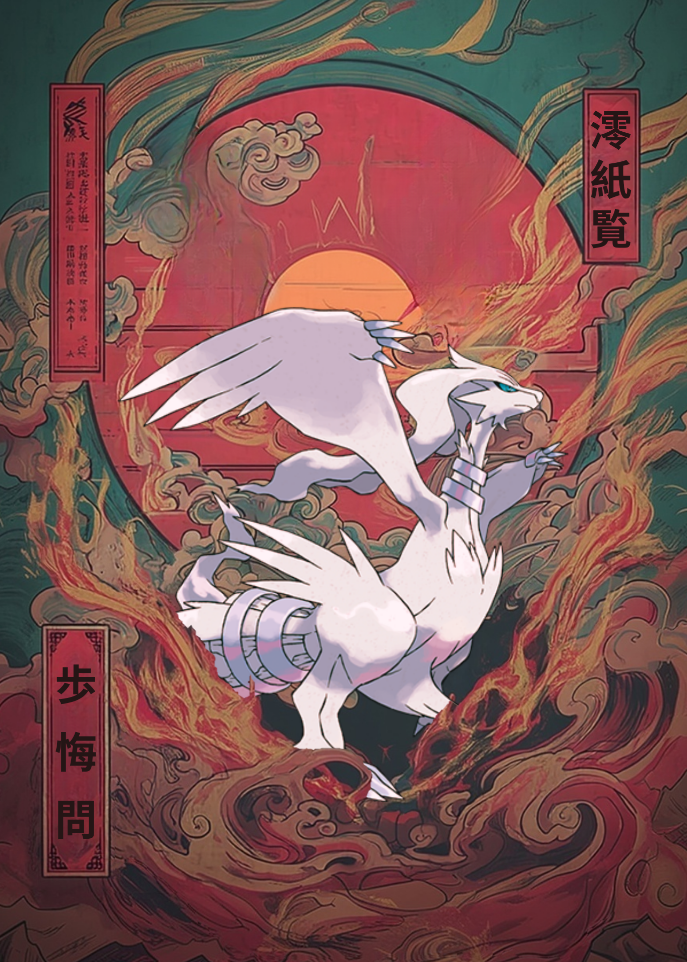 Stylized illustration of Reshiram Pokemon with flames and traditional elements on a dark background