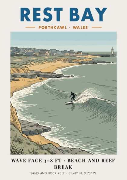 Poster featuring an illustration of a surfer at Rest Bay, Porthcawl, Wales, coastline.