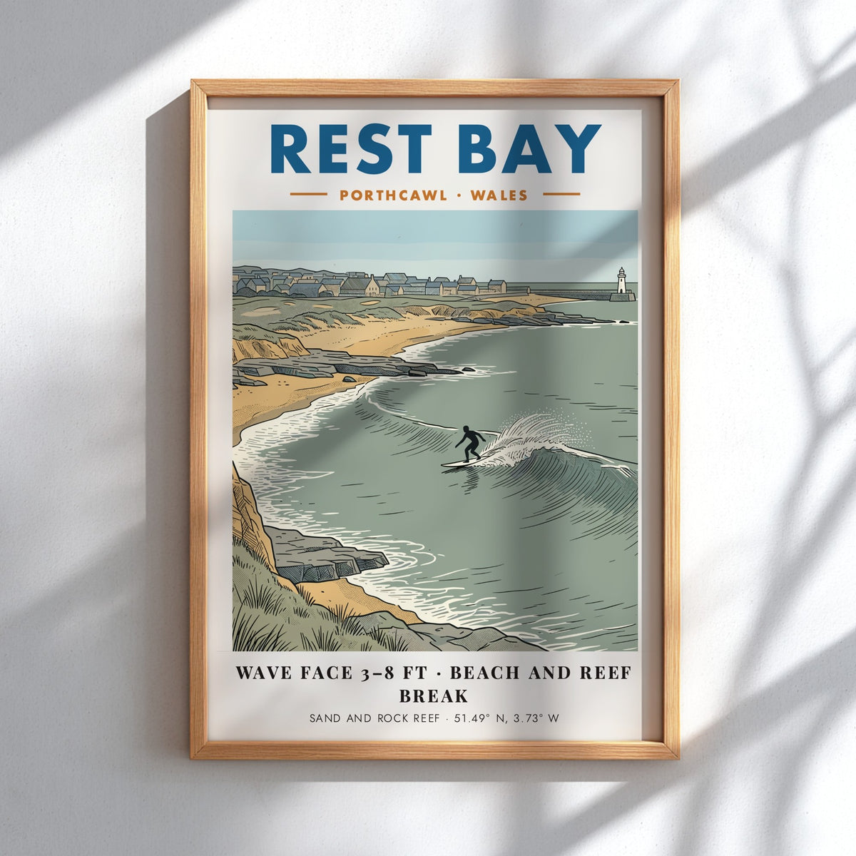 Poster featuring an illustration of a surfer at Rest Bay, Porthcawl, Wales, coastline.