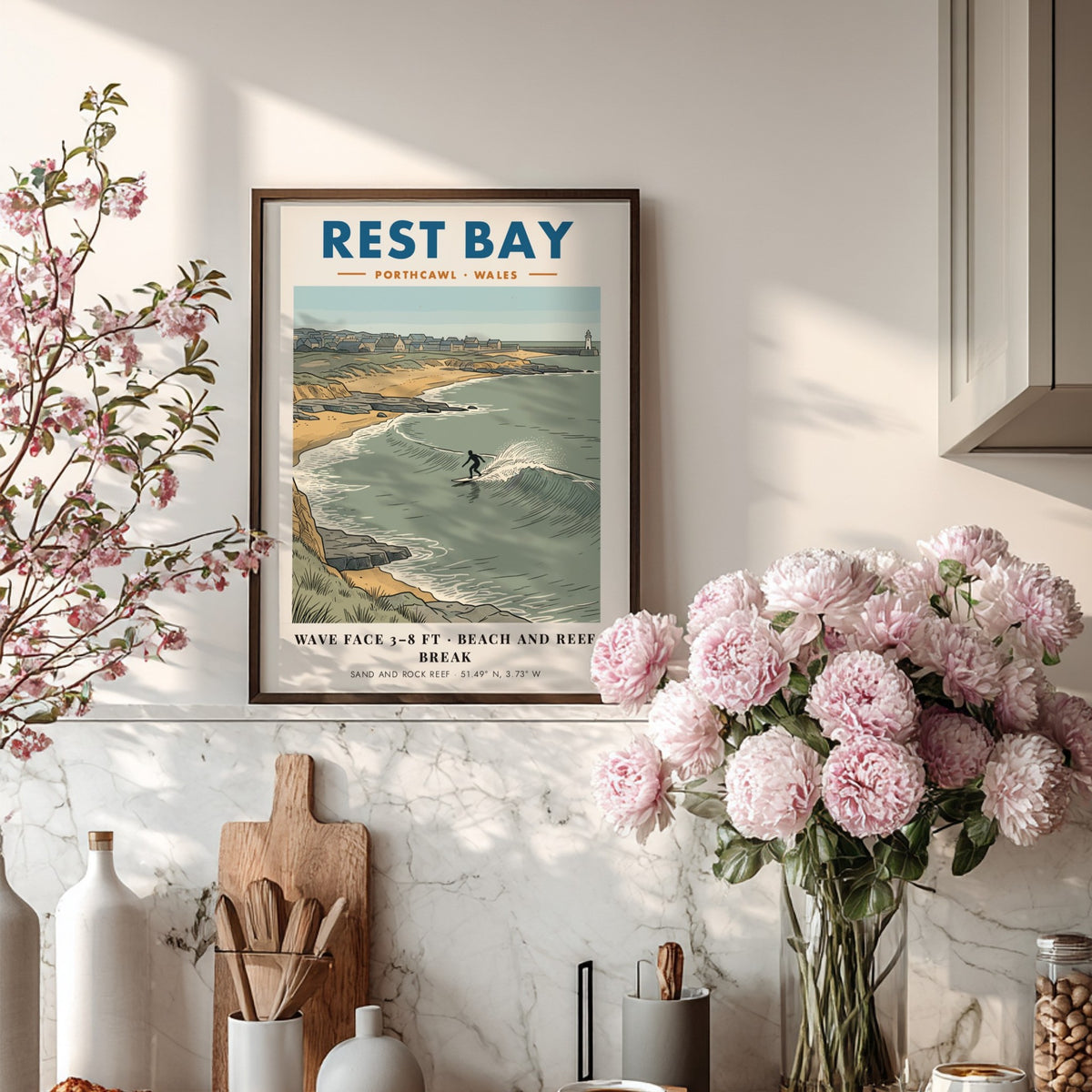 Poster featuring an illustration of a surfer at Rest Bay, Porthcawl, Wales, coastline.