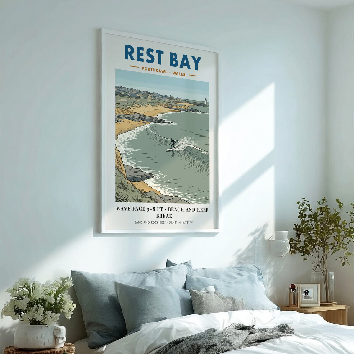 Poster featuring an illustration of a surfer at Rest Bay, Porthcawl, Wales, coastline.