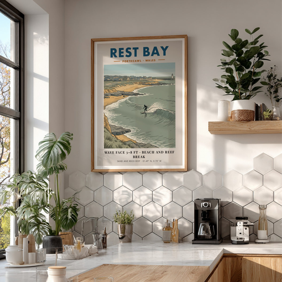 Poster featuring an illustration of a surfer at Rest Bay, Porthcawl, Wales, coastline.