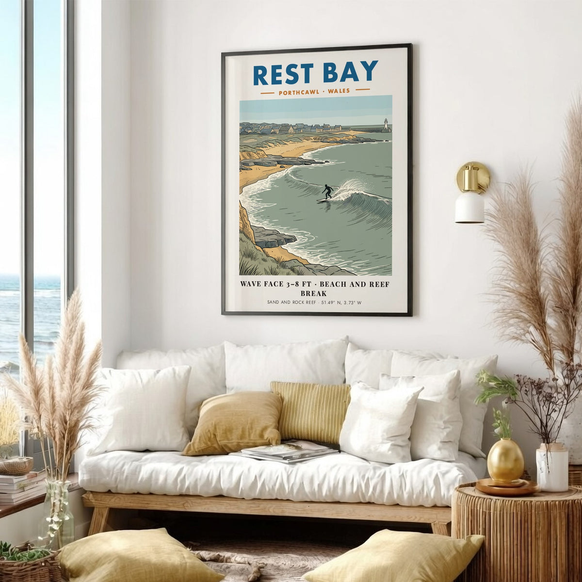 Poster featuring an illustration of a surfer at Rest Bay, Porthcawl, Wales, coastline.