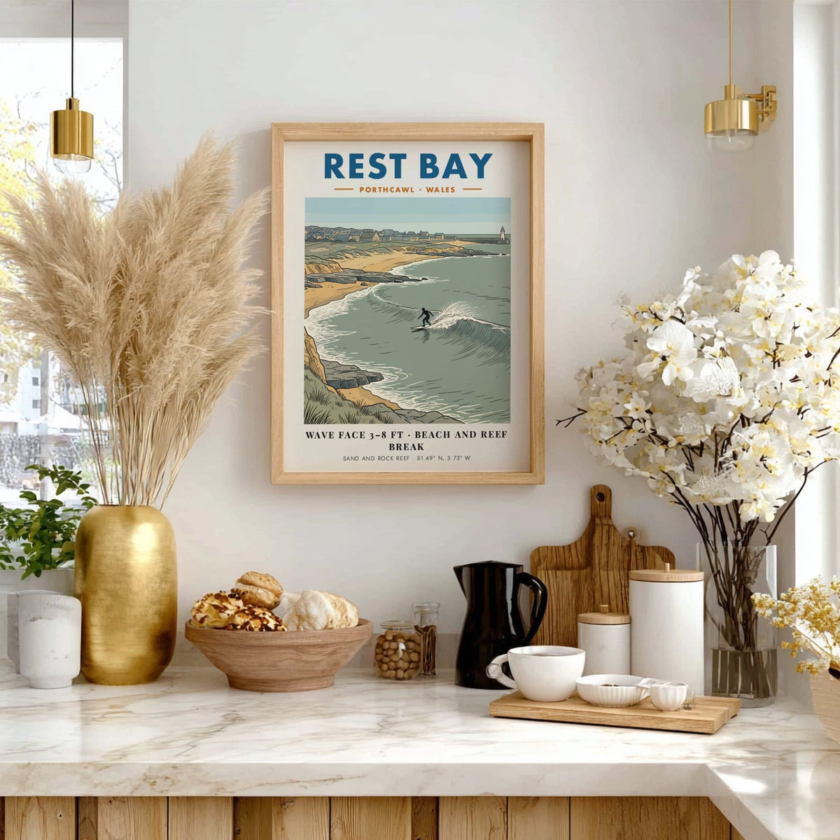 Poster featuring an illustration of a surfer at Rest Bay, Porthcawl, Wales, coastline.