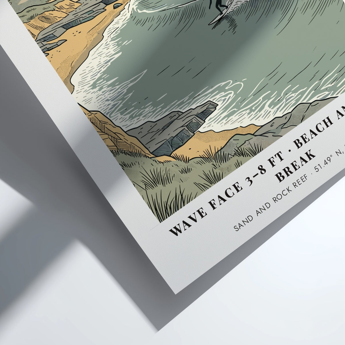 Poster featuring an illustration of a surfer at Rest Bay, Porthcawl, Wales, coastline.