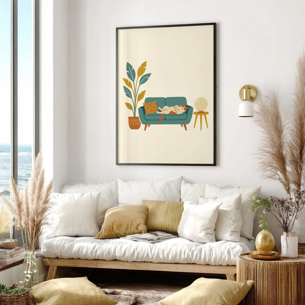 Poster featuring a ginger cat lounging on a teal sofa with a potted plant.