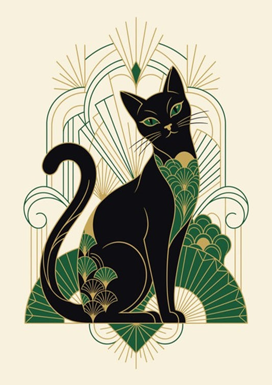 Poster of an elegant black cat in Art Deco style with green gold patterns