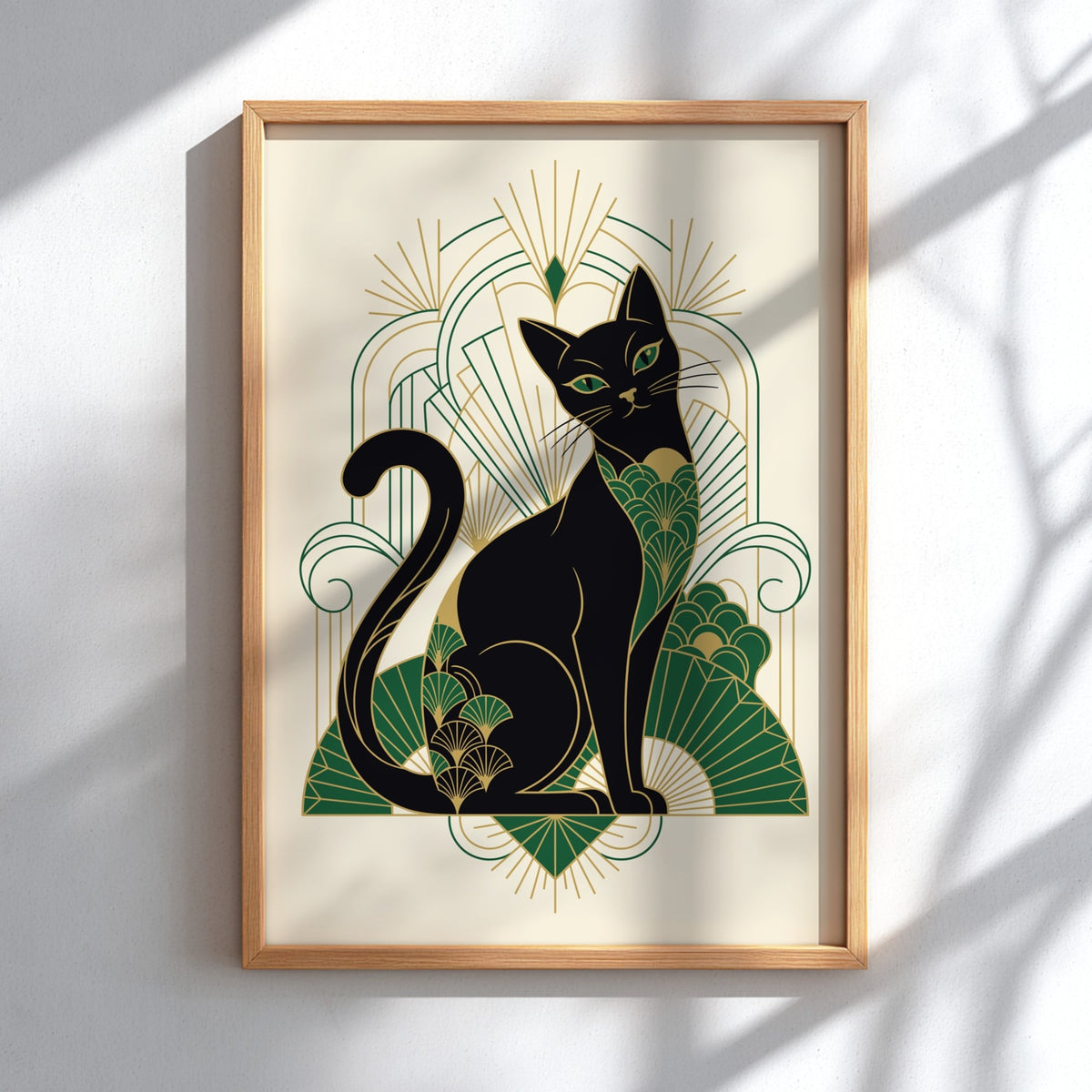 Poster of an elegant black cat in Art Deco style with green gold patterns