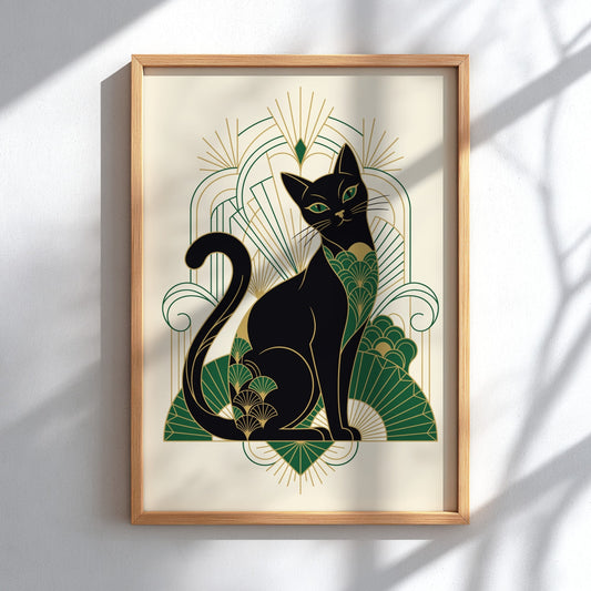 Poster of an elegant black cat in Art Deco style with green gold patterns