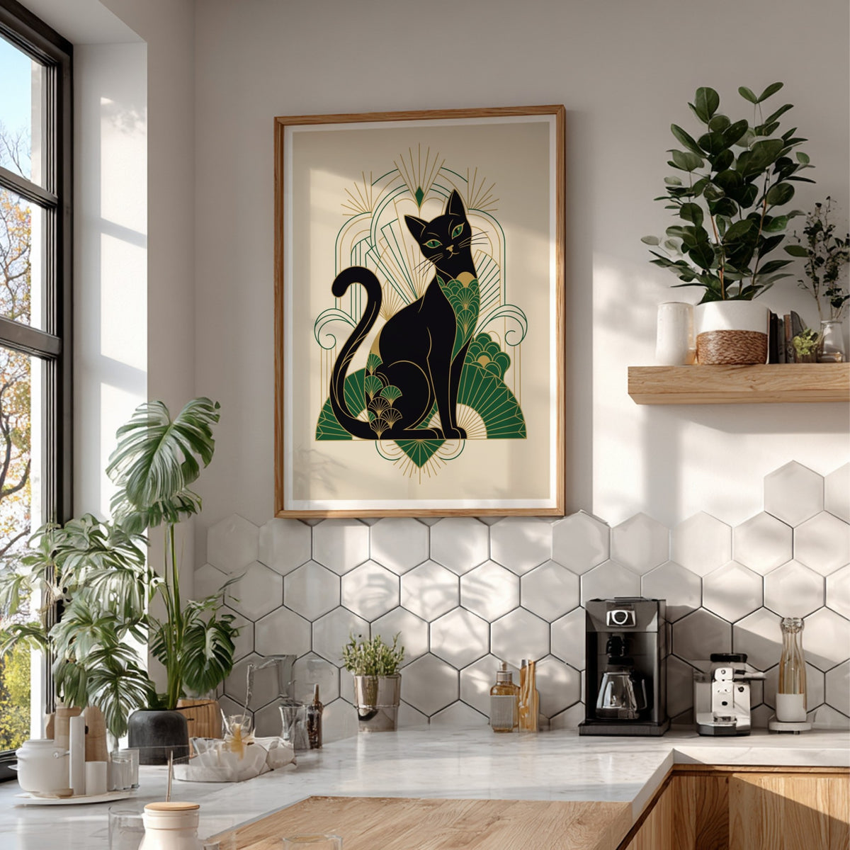 Poster of an elegant black cat in Art Deco style with green gold patterns