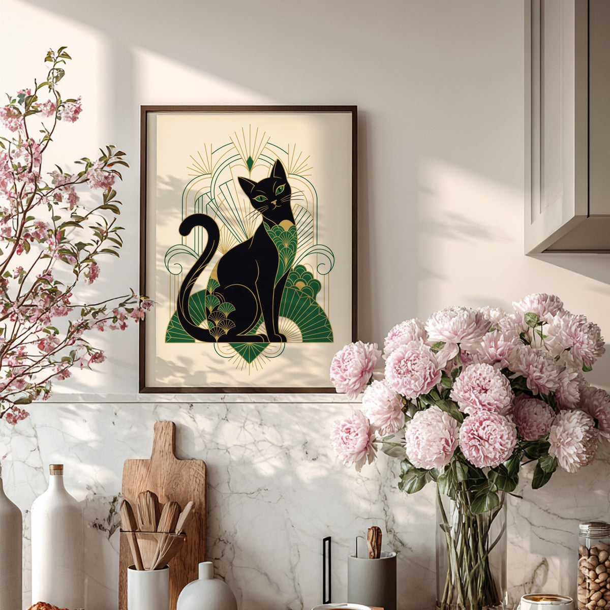 Poster of an elegant black cat in Art Deco style with green gold patterns