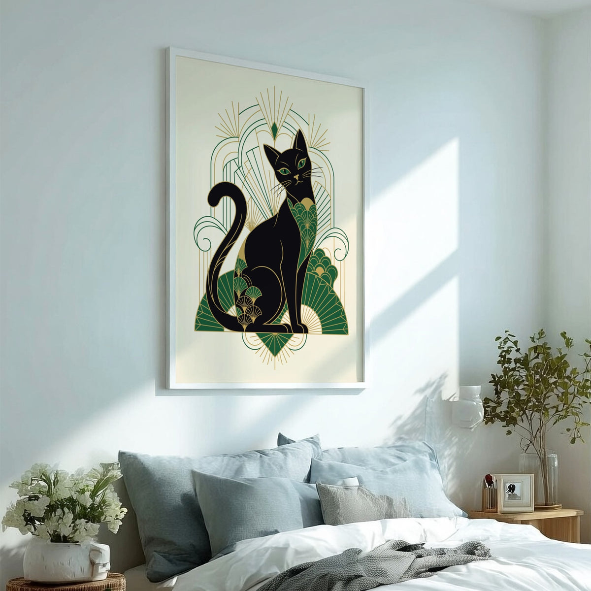 Poster of an elegant black cat in Art Deco style with green gold patterns