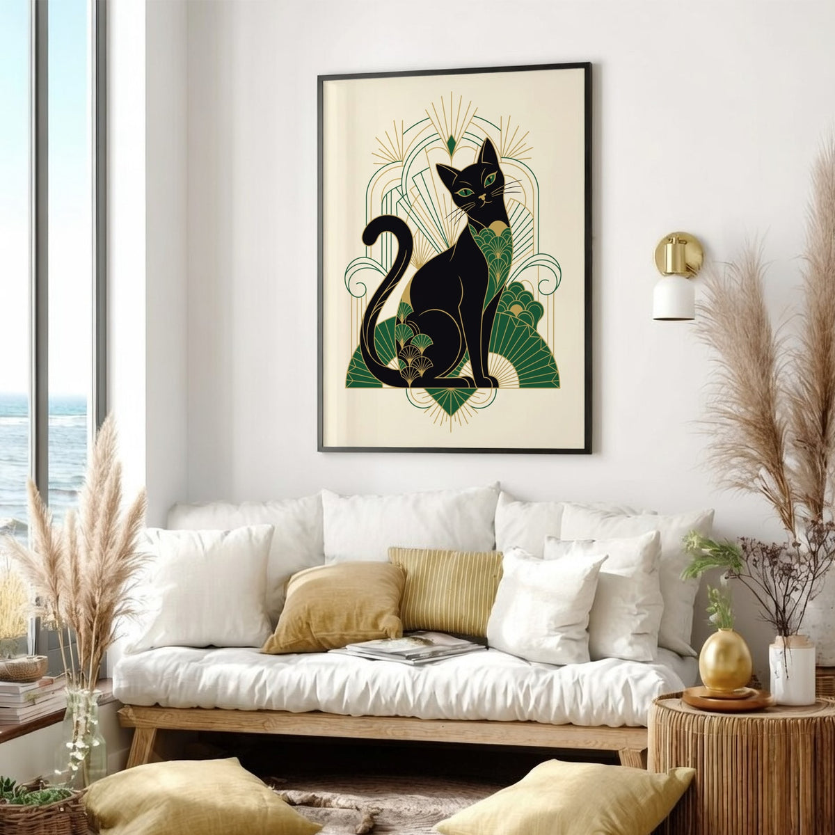 Poster of an elegant black cat in Art Deco style with green gold patterns