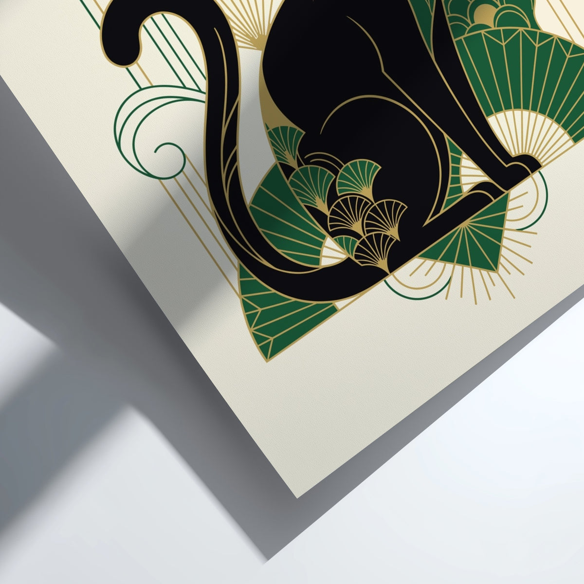 Poster of an elegant black cat in Art Deco style with green gold patterns