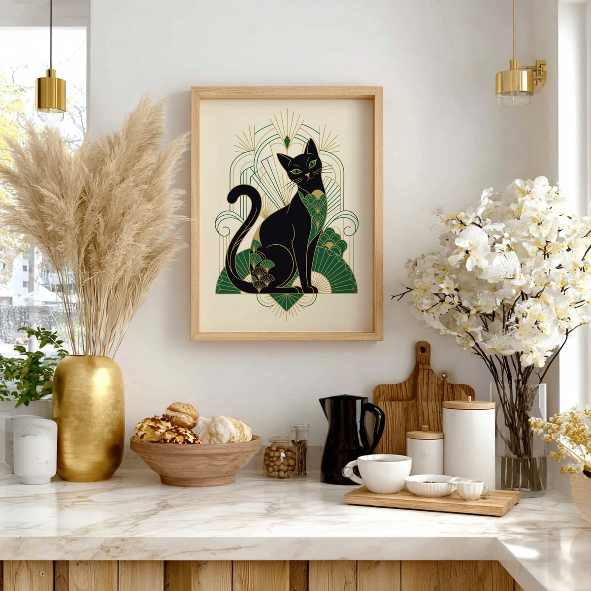 Poster of an elegant black cat in Art Deco style with green gold patterns