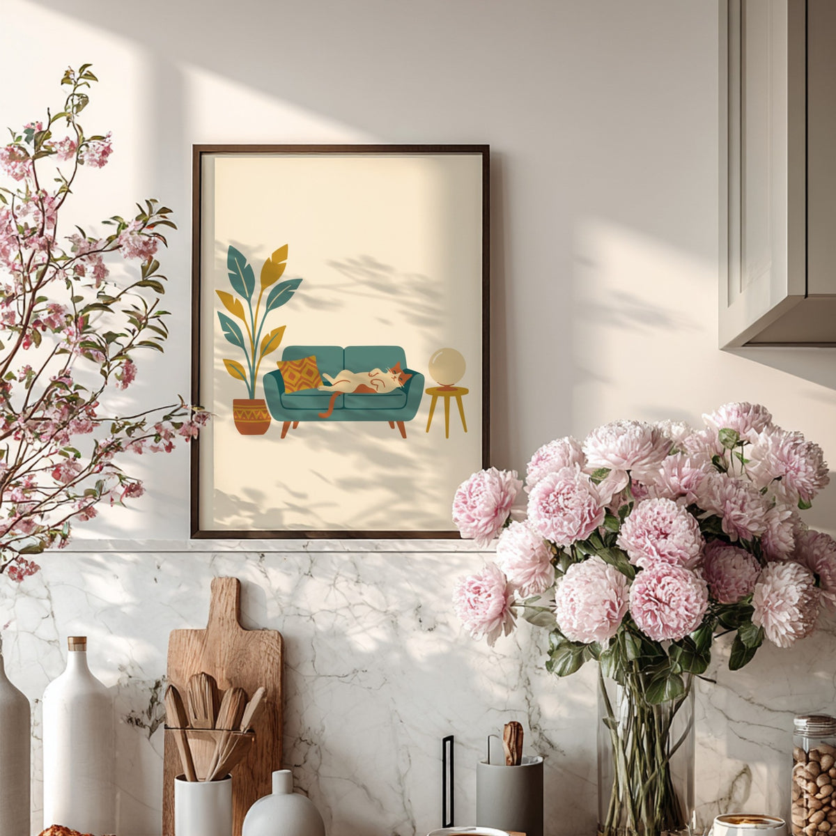 Poster featuring a ginger cat lounging on a teal sofa with a potted plant.