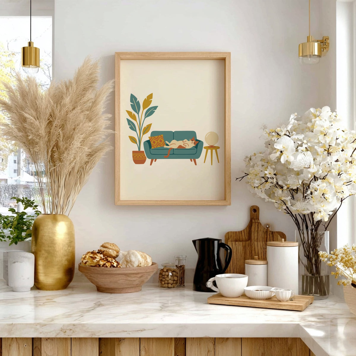 Poster featuring a ginger cat lounging on a teal sofa with a potted plant.