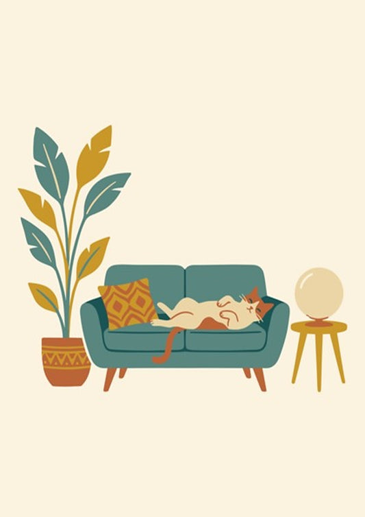 Poster featuring a ginger cat lounging on a teal sofa with a potted plant.