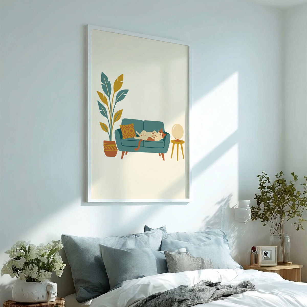 Poster featuring a ginger cat lounging on a teal sofa with a potted plant.
