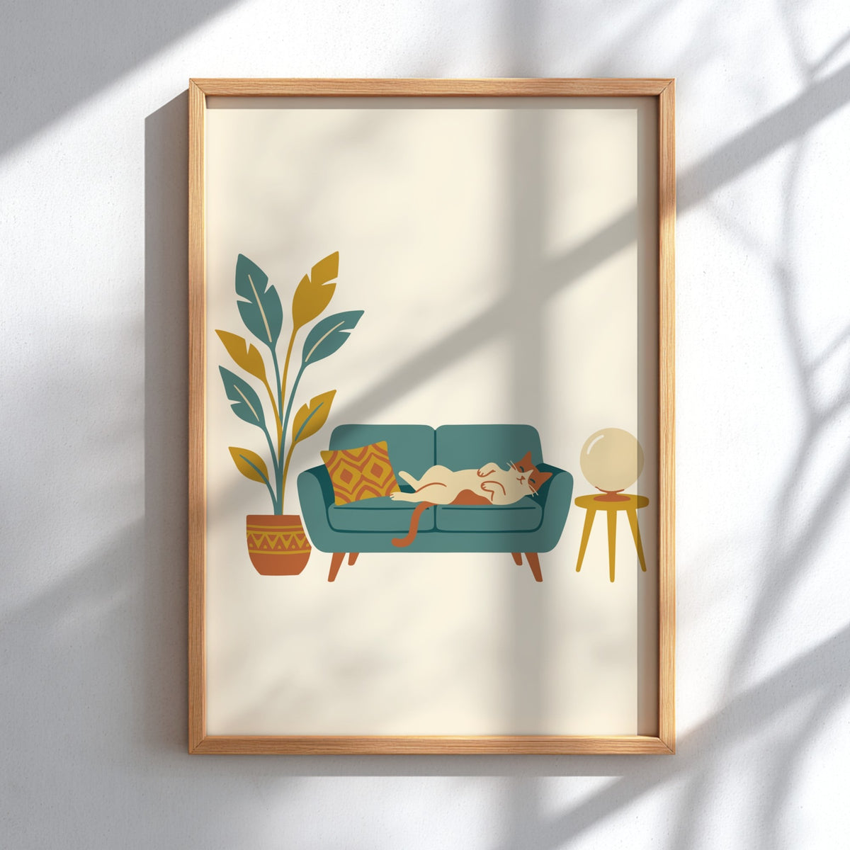 Poster featuring a ginger cat lounging on a teal sofa with a potted plant.