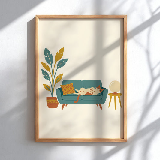 Poster featuring a ginger cat lounging on a teal sofa with a potted plant.