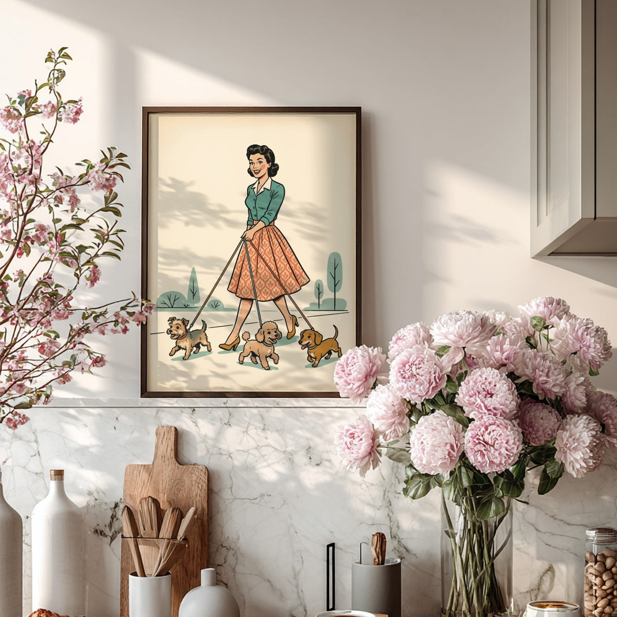 Poster featuring a retro woman walking three small dogs in a mid-century illustration style.