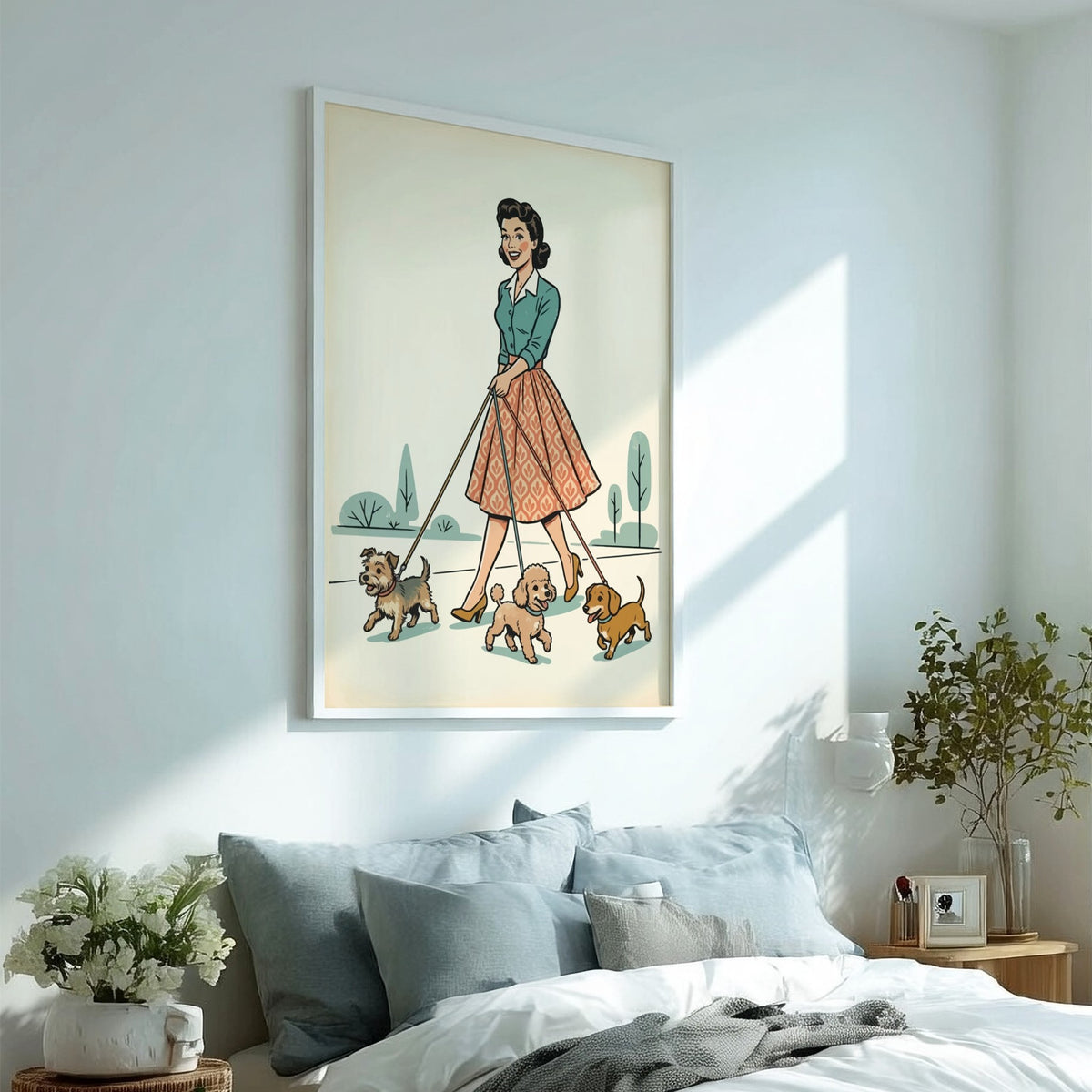 Poster featuring a retro woman walking three small dogs in a mid-century illustration style.