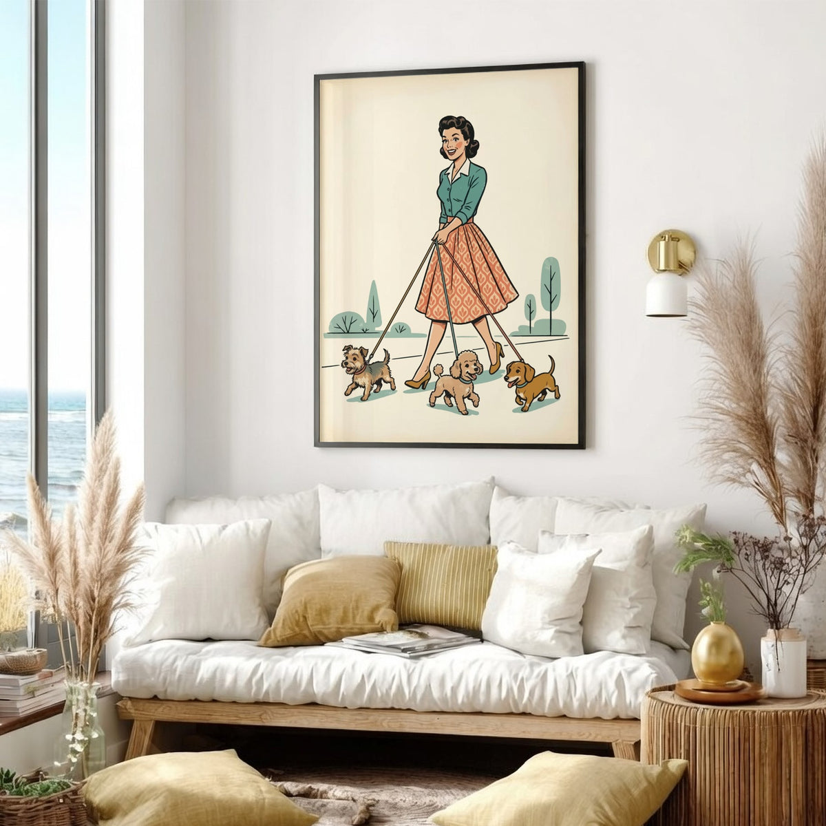 Poster featuring a retro woman walking three small dogs in a mid-century illustration style.