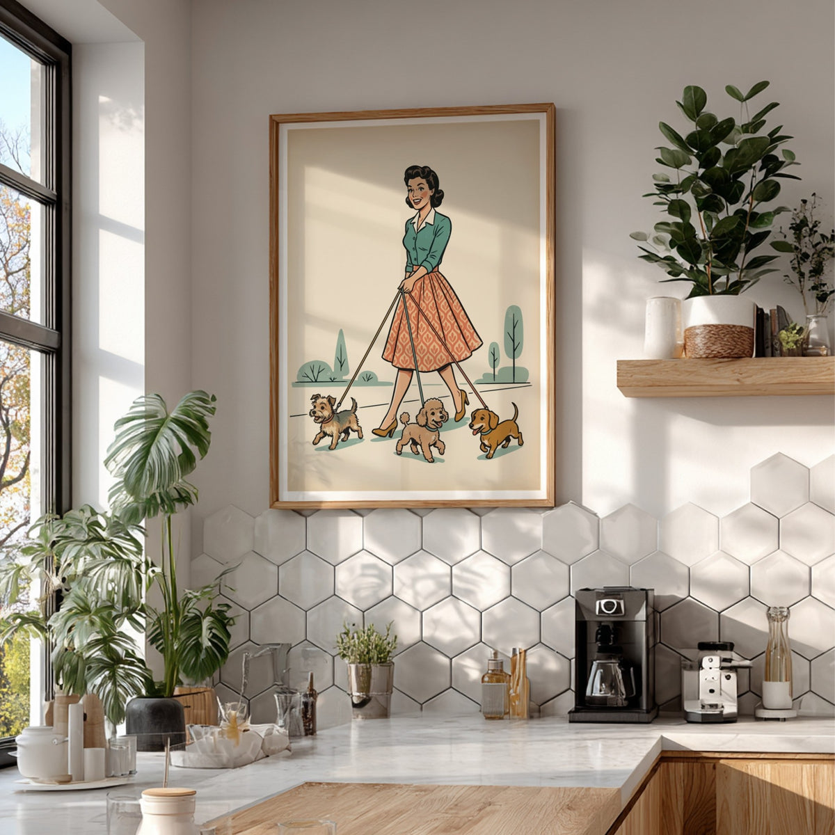 Poster featuring a retro woman walking three small dogs in a mid-century illustration style.
