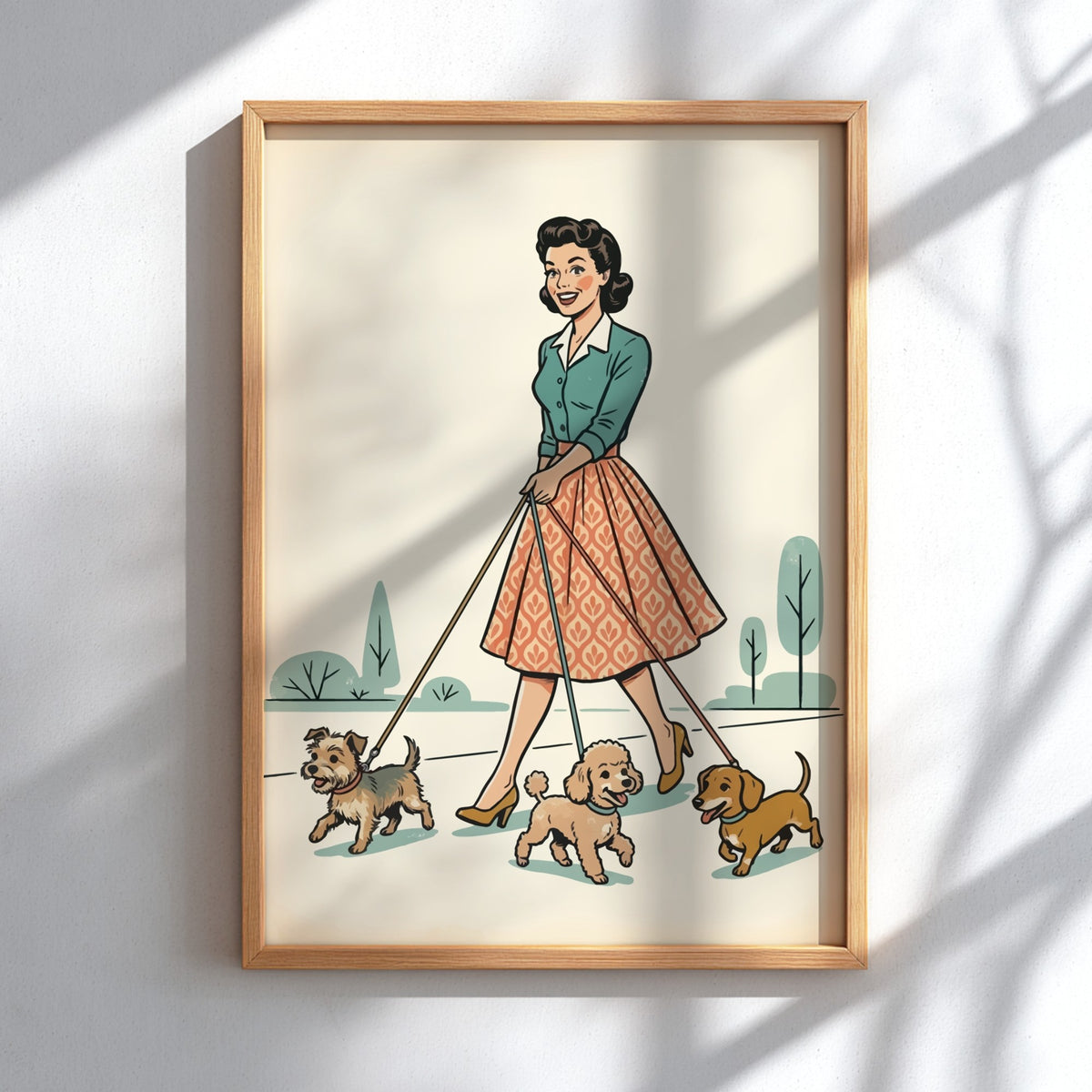 Poster featuring a retro woman walking three small dogs in a mid-century illustration style.