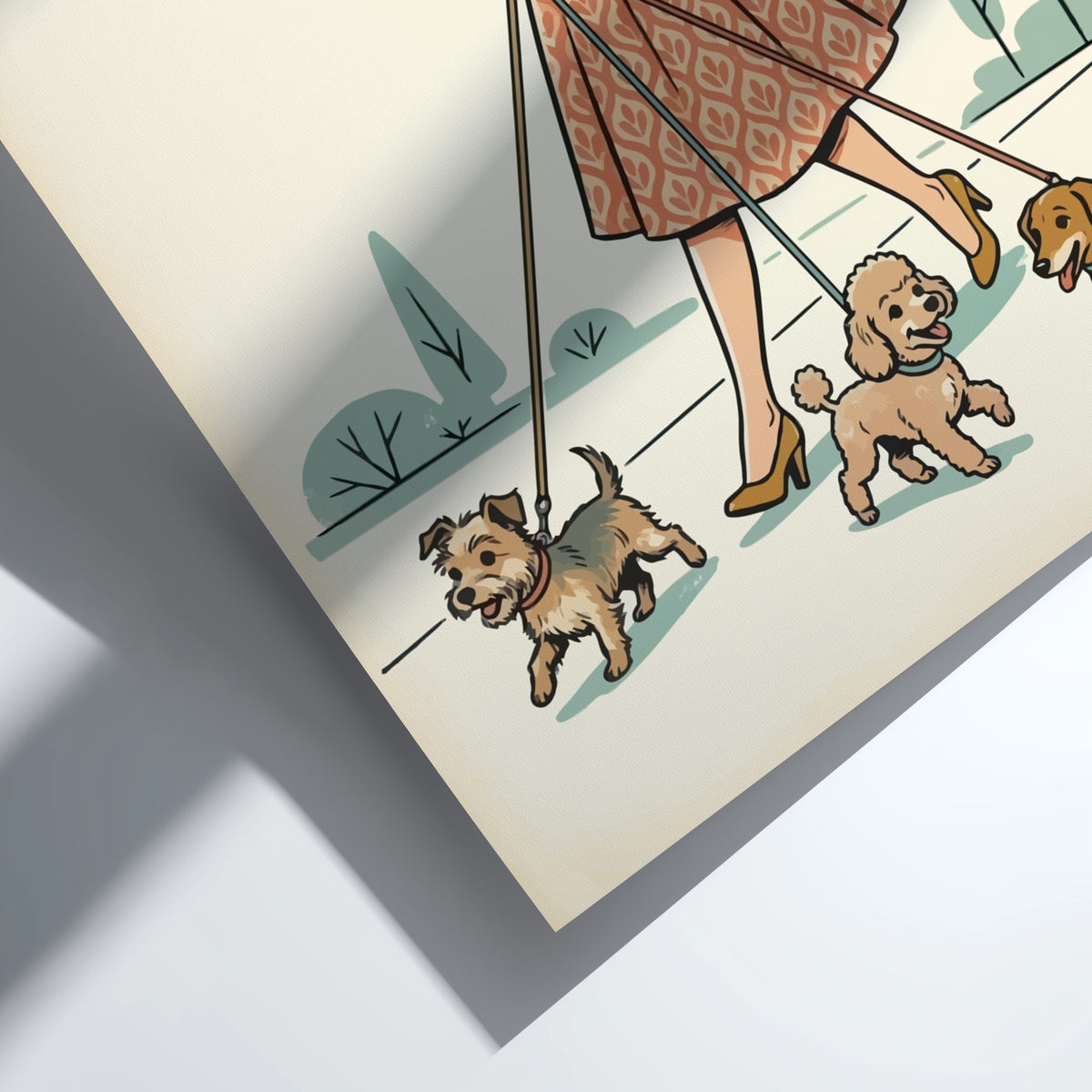 Poster featuring a retro woman walking three small dogs in a mid-century illustration style.