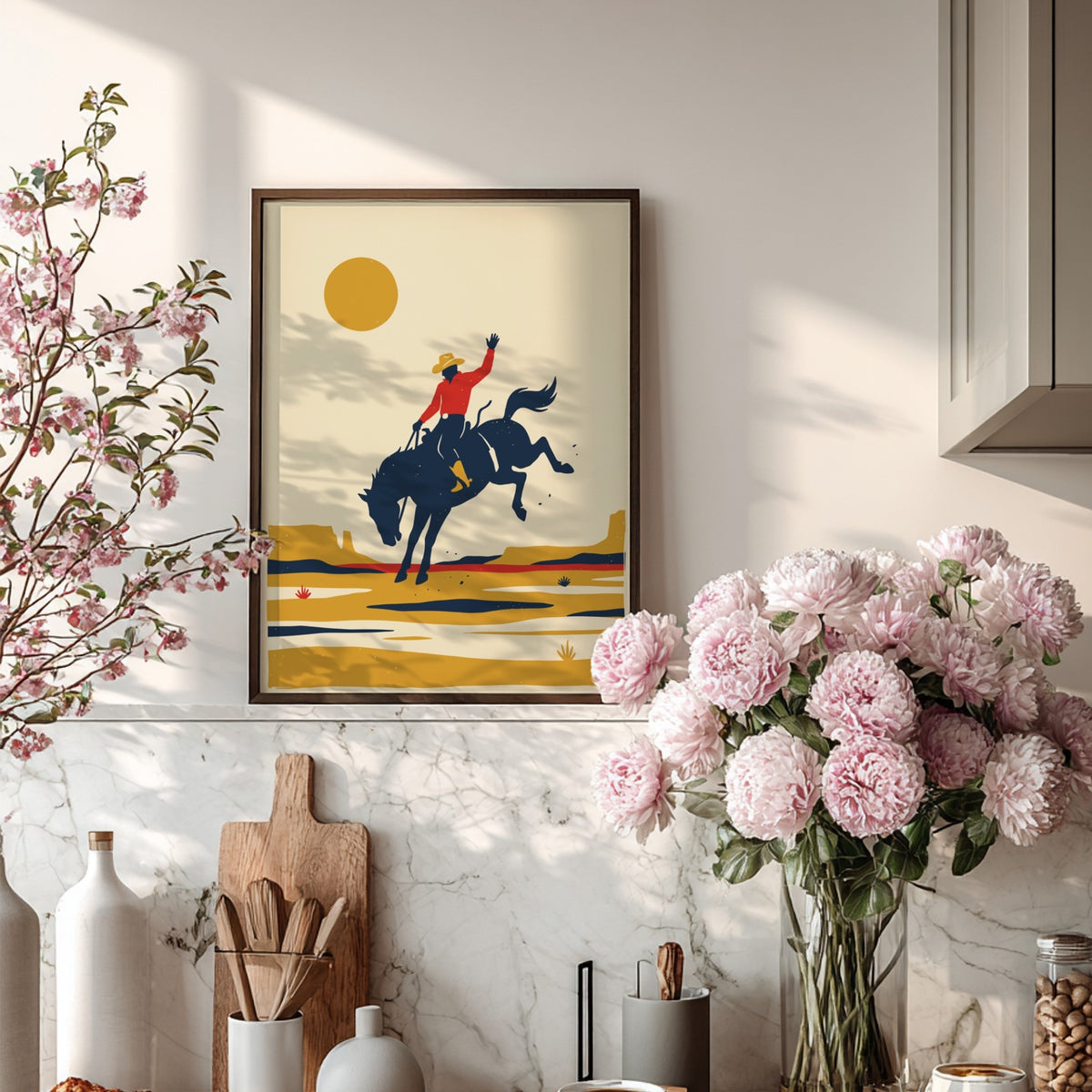 Poster of a cowboy on a bucking horse against a large sun and desert.