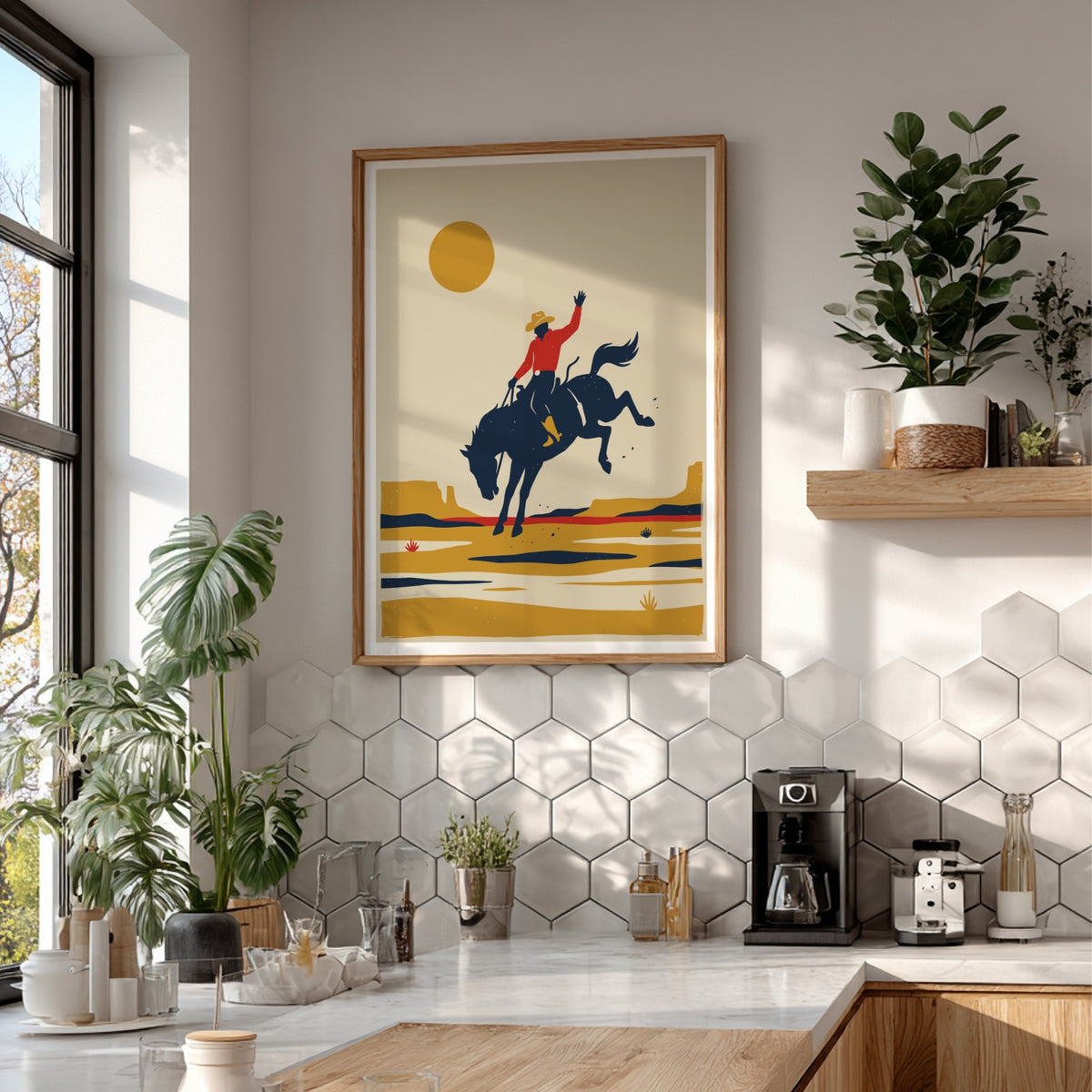Poster of a cowboy on a bucking horse against a large sun and desert.