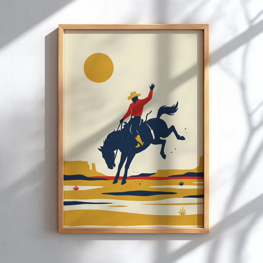 Poster of a cowboy on a bucking horse against a large sun and desert.