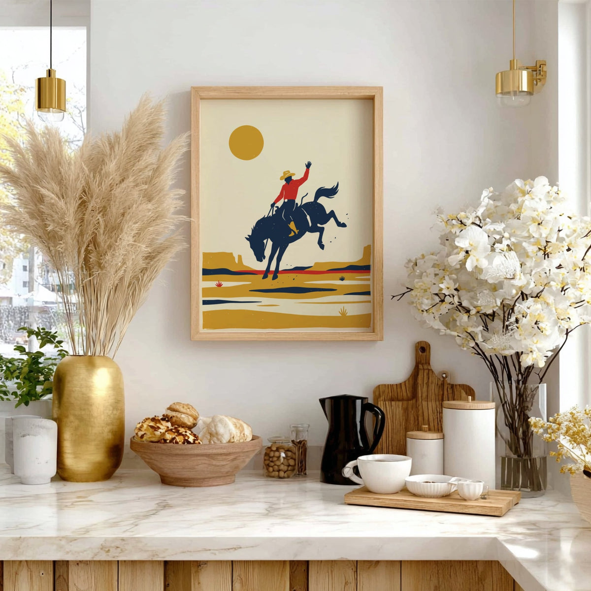Poster of a cowboy on a bucking horse against a large sun and desert.