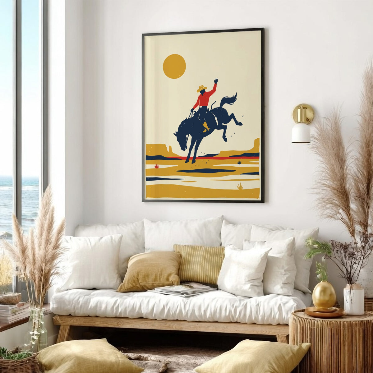 Poster of a cowboy on a bucking horse against a large sun and desert.