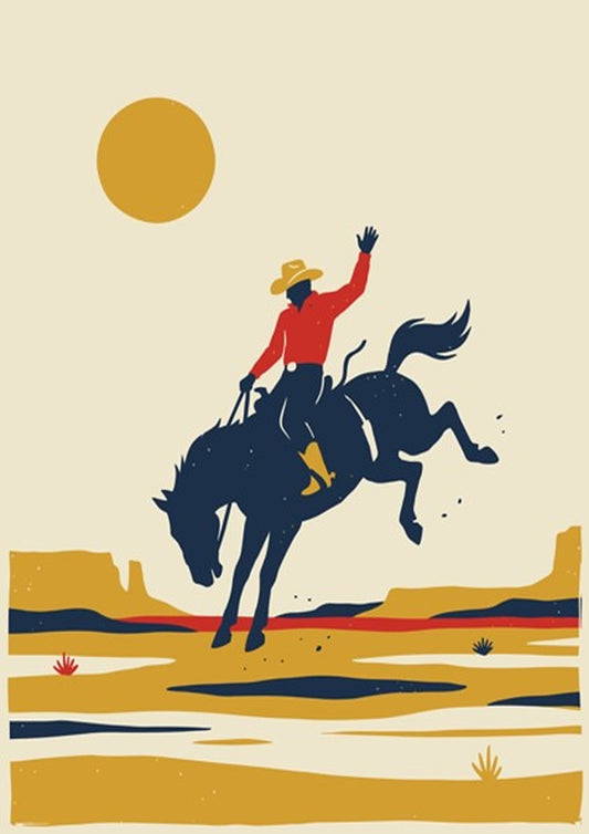 Poster of a cowboy on a bucking horse against a large sun and desert.