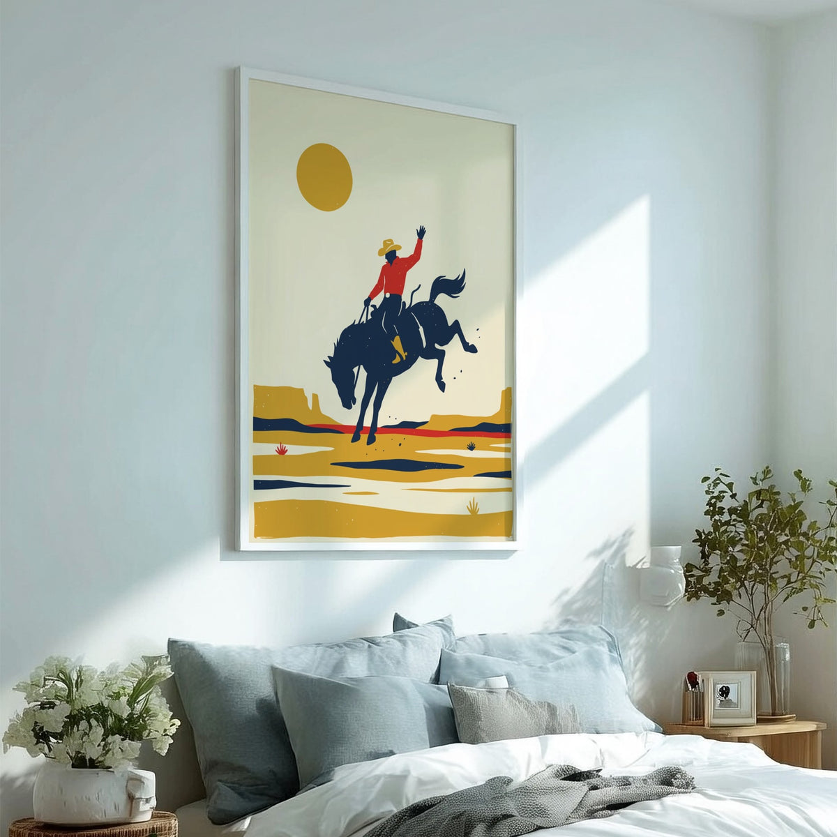 Poster of a cowboy on a bucking horse against a large sun and desert.