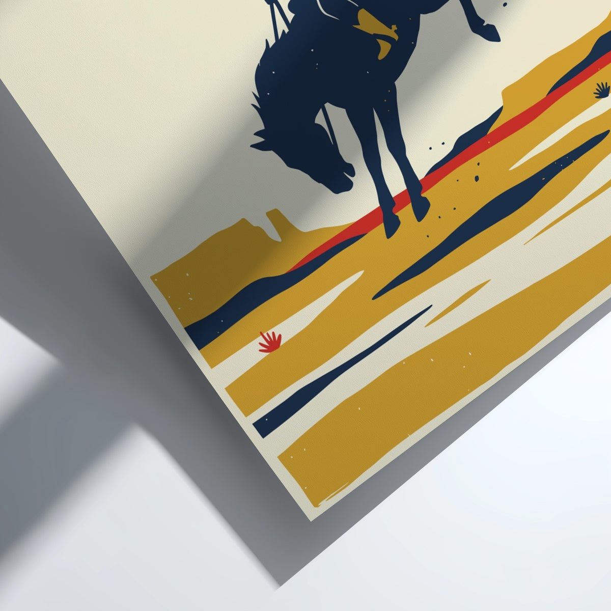 Poster of a cowboy on a bucking horse against a large sun and desert.