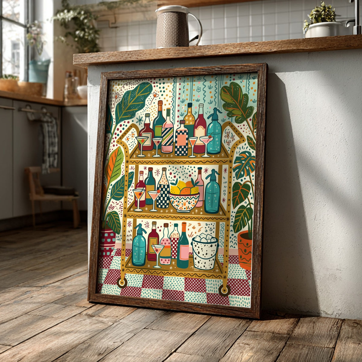 Retro bar cart poster featuring colorful bottles, glassware, citrus fruits, and lush potted plants.