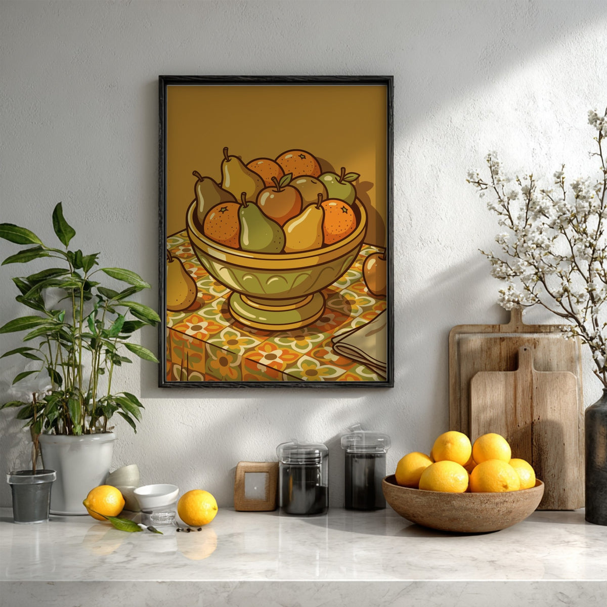 Retro fruit bowl poster featuring oranges and pears in a warm mid-century color palette